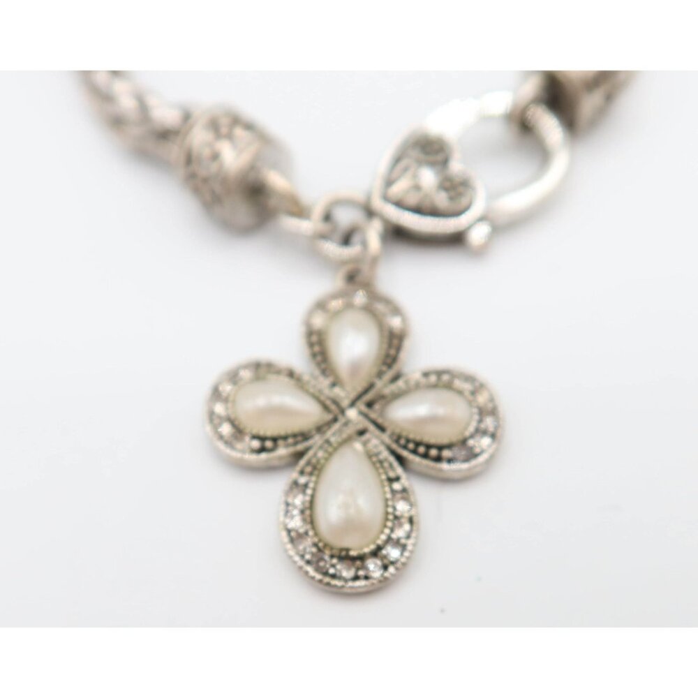 Byzantine Style Silver Tone Faux Pearl Rhinestone Cross Charm Chain Bracelet - Picture 2 of 7